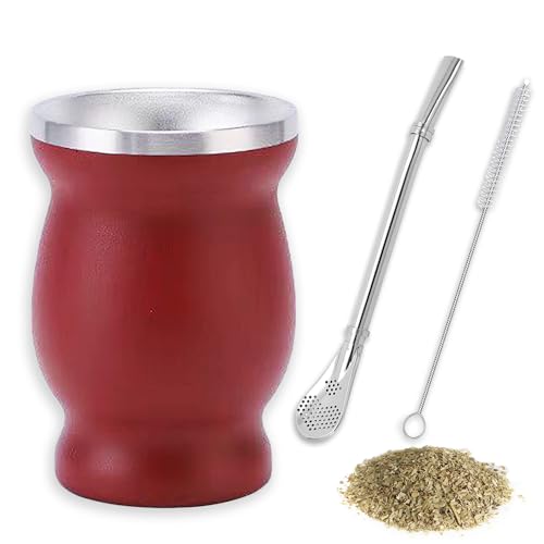 thirei Set Mate, 230 ml abóbora mate, canecas erva mate, com palha e pincel, para cozinhas, restaurantes, cafés, vermelho