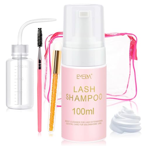 EMEDA 100 ml champô para pestanas com escova e garrafa de enxaguar kit champô espumante para extensões de pestanas limpeza de espuma de pestanas para uso em salão e em casa sem óleo