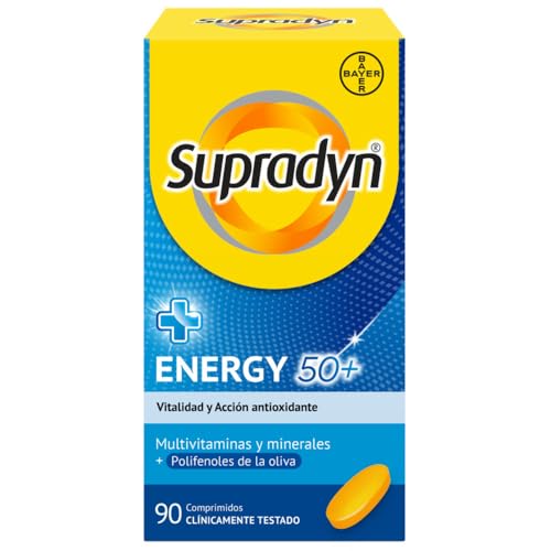 Supradyn Energy 50 complexo vitamínico com antioxidantes para maiores de 50, 12 vitaminas, 9 minerais e polipropilenóis, energia com efeito antioxidante, azeitona, amarelo, 90 unidades (embalagem de