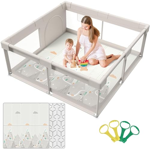 Cafolatt Parque infantil para bebé, 150 x 150 cm, corredor com design infantil, modular e dobrável, esta corrente grande é perfeita para a casa e vem com 4 peças anéis (150 x 150 x 64 cm)