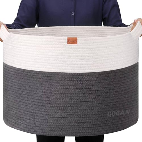 GOCAN XXXL Cesto de lavandaria cesta de armazenamento D55 x H35 cm cesta de lavandaria cesta para roupa sala com asas para brinquedos, almofadas sala de estar cesta redonda cinzento branco