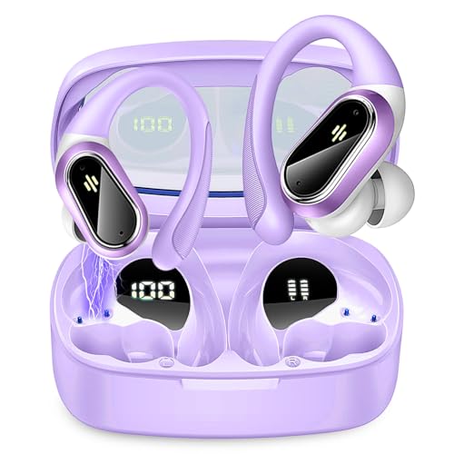 Auriculares sem fios desportivos, auriculares Bluetooth 5.3 com HD Mic e cancelamento de ruído ENC, ecrã LED, 50H capacetes sem fios Bluetooth HiFi estéreo para desportos, IP7 impermeável, roxo