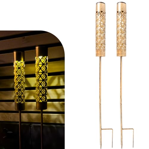 Gadgy Tochas solares LED com efeito chama, conjunto de 2 luzes solares de jardim decorativas de metal, iluminação solar para exteriores, luzes solares pequenas para terraço, varanda ou jardim