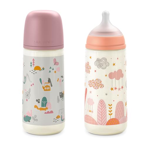 Suavinex, Conjunto de 2 biberões anticólicos de 360 ml, kit de babadores com cetina fisiológica SX Pro, de silicone de fluxo denso (L), com válvula anticólica, para bebés + 6 meses. Rosa
