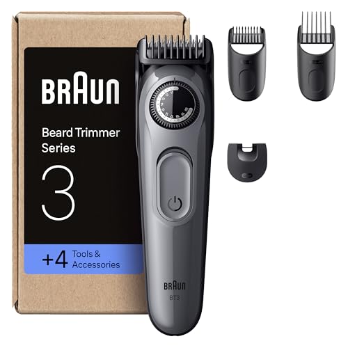 Braun Aparador de barba série 3 BT3525, barbeiro recarregável, 4 acessórios de barbear, 50 min de automonomia, lâmina de corte ultra afiada, 40 comprimentos, cinzento