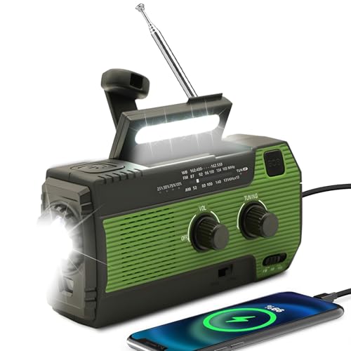 SOLARBABY - A rádio solar de emergência com manivela possui uma lanterna LED, alarme SOS, rádio meteorológico Am/FM e bateria de 4000 mAh para alimentação de emergência de telefones (verde)