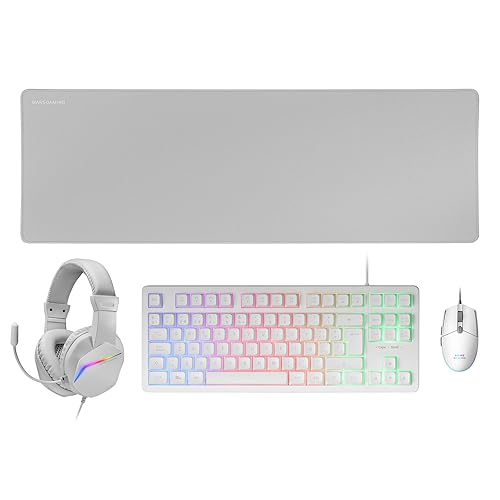 Mars Gaming MCP-RGB3, Pack Gaming teclado fixo RGB rato Gaming RGB Flow 3200 dpi auriculares Over-Ear RGB tapete XXL, branco, idioma espanhol