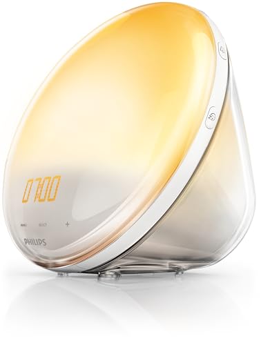 Philips HF3519/01 Despertador de luz com simulação do amanhecer, rádio FM e lâmpada de leitura, 5 sons naturais, alarme diferido, branco