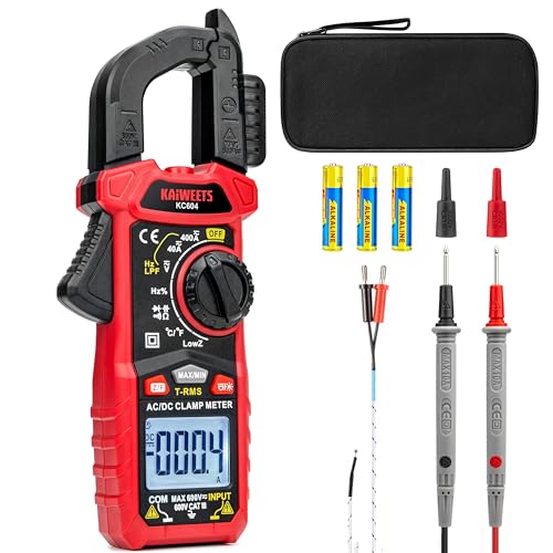 KAIWEETS Pinça métrica CA/CC, pinça multímetro para medição de tensão e corrente CA/CC, temperatura, continuidade, NCV, Diode, com lanterna, luz de fundo, mandíbula em forma de D, KC604