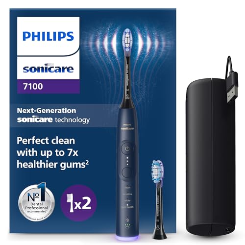 Philips Sonicare 7100 Escova de dentes elétrica, escova de dentes sónica com 4 modos de escovação e 3 níveis de intensidade, alerta de pressão, EasyStart, SmarTimer e BrushPacer, azul-marinho,