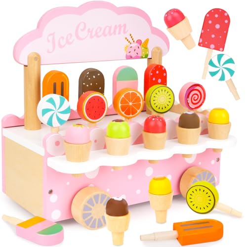 Brinquedo de gelado, carrinho de gelo de madeira, loja de gelados com arrumação, brinquedo de madeira acessórios de cozinha, brinquedo Montessori aprendizagem precoce para meninas meninos 3 4 5 6 anos