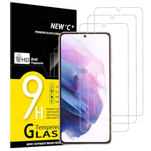 NEW'C 3 peças, protetor de ecrã para Samsung Galaxy S21 5G (6,2 polegadas), vidro temperado anti-riscos, anti-impressões digitais, sem bolhas, dureza 9H, 0,26 mm ultra transparente, ultra resistente