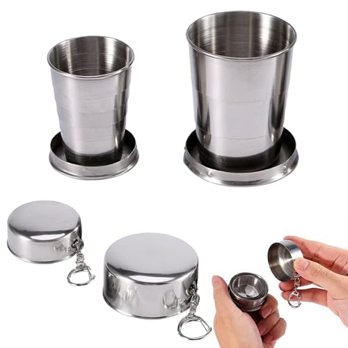 Caneca de viagem dobrável, caneca dobrável para beber, caneca dobrável de aço inoxidável, copos dobráveis, caneca de acampamento, copo telescópico de aço inoxidável, 2 peças (75 ml + 150 ml)