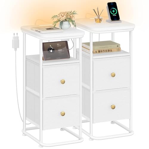 Hzuaneri Conjunto de 2 mesinha de cabeceira, com iluminação LED, 1 porta USB-A, 1 porta USB-C, com 2 gavetas de tecido, mesa auxiliar, moderna, para quarto e sala de estar, branco NS12213W