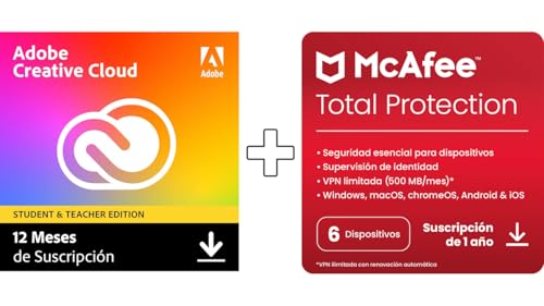 Adobe Creative Cloud All Apps Students & McAfee Total Protection 2025 | 6 Dispositivos |1 Año | Descarga Digital | 2025 | 2025 | Código de activación enviado por email