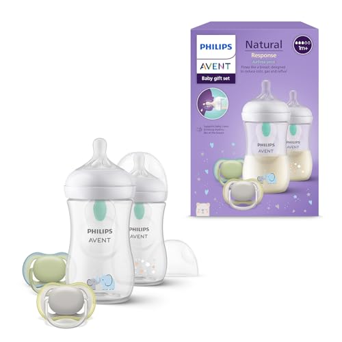 Philips Avent Natural Response - Conjunto de presente para bebés: 2 biberões anticólicas de 260 ml com tetinas T3 (para bebés de 1 mês ou mais) e 2 chupetas Ultra Air (modelo SCD657/12)