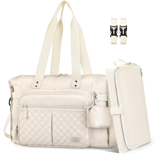 RAINSMORE Saco de mudança de fraldas para bebé impermeável bolsa carrinho bebé para mãe e pai com suporte para chupeta e trocador portátil branco