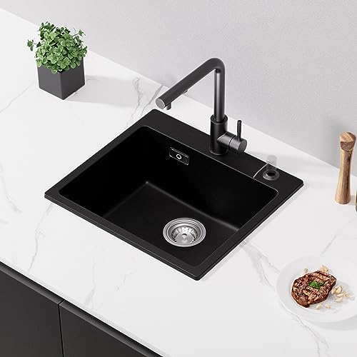 CECIPA Lava-loiça, cozinha, 50 x 45 cm, lava-loiças de granito, lava-loiças, cozinha, quartzo, 80 % areia com sifão e tampa, preto