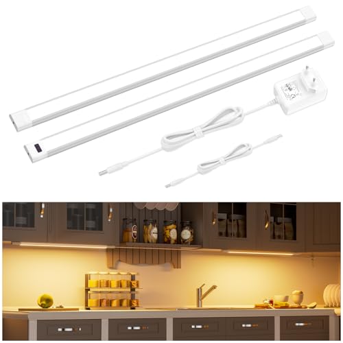WOBANE Luz LED cozinha baixo móvel 120 cm, barra regulável luz armário com sensor sem contacto 2 x 60 cm, luzes de cozinha debaixo móvel com tomada 24 V, luz LED adesiva para estanteria, branco quente