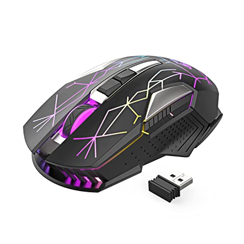MAGIC-REFINER Rato sem fios para jogos com recetor USB de 2,4 GHz, retroiluminação LED RGB arco-íris, dpi ajustável, clique silencioso, rato ergonómico recarregável de 7 botões - preto estrela
