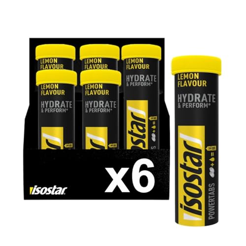 Isostar Hydrate & Perform Powertabs Preparado para bebida de transporte de lúcidos e eletrolitos, sabor limão, fórmula isotónica, resistência em exercícios prolongados, 120 g (10 x 12 g), 6 unidades