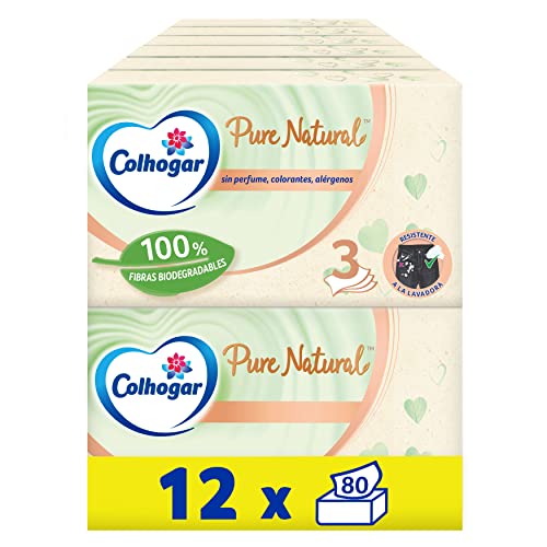 Colhogar Pure Natural 12 x 80 - Caixa de faciais macias biodegradáveis, resistente à máquina, feita com materiais reciclados, caixa com 960 lenços faciais - cor natural