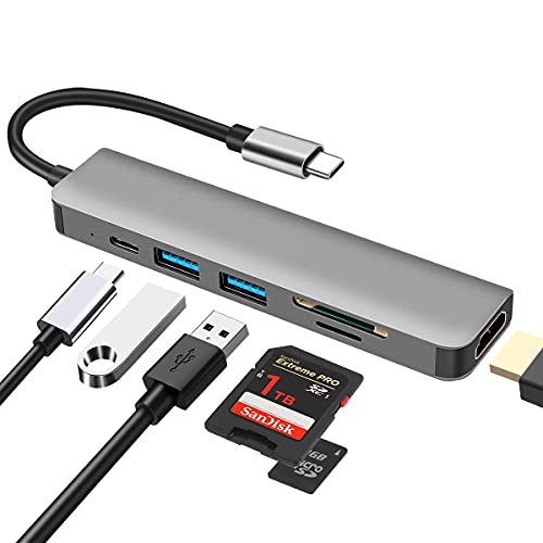 DEMKICO Hub USB Tipo C, adaptador multiporta 6 em 1 com HDMI 4K, leitor de cartões SD/TF, USB 3.0 e USB 2.0, porta PD de 100 W, compatível com MacBook Pro/MacBook Air/DELL XPS e Plus