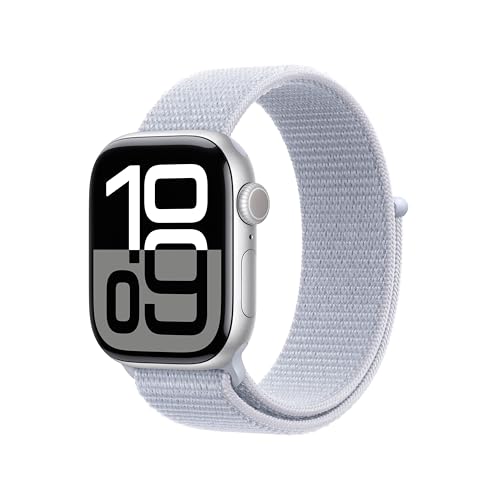 Apple Watch Series 10 GPS Cellular Smartwatch com caixa de alumínio prata de 42 mm e correia Loop desportiva azul nuvem - tamanho único. Monitor de treino, App ECG e neutro em carbono