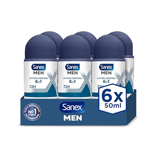 Sanex Men Active Control desodorizante Roll-On para homem, pack 6 unidades x 50 ml, proteção 48 H, antirrespirável, anti-irritação, 0% álcool, combate ao mau odor, longa duração
