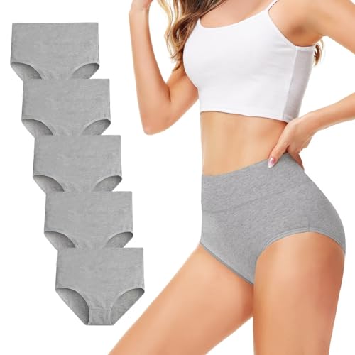 TUUHAW Cuecas de cintura subida em algodão para mulher, pack de 5 cuecas, confortáveis