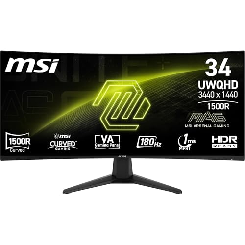 MSI mag 346CQ Monitor UWQHD de 34", 3440 x 1440, 1500R, monitor de jogo, VA, 180 Hz, 1 ms, HDR Ready, cuidado dos olhos, HDMI 2.0b, DP 1,4 a, sem molduras, ajuste de inclinação Suporte able, Vesa