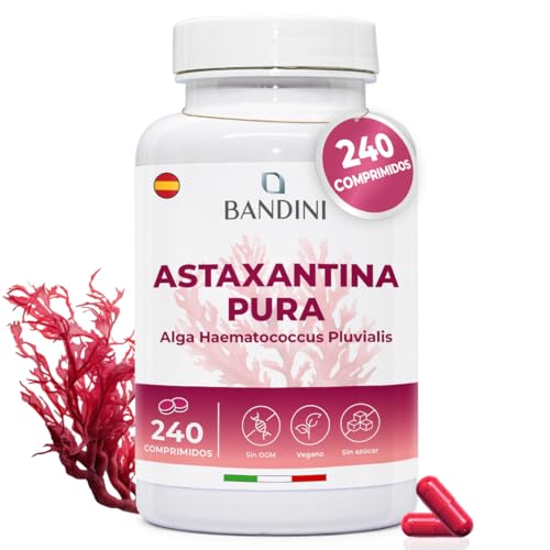 Bandini® Astaxantina 240 comprimidos (fornecimento para 8 meses), puro 8 mg por comprimido, Astaxanthin natural de microalga Haematococcus Pluvialis, sem estearato de magnésio, sem OGM, 100% vegano