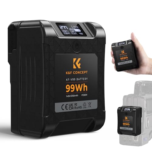 K&F Concept Bateria V Mount 99 Wh/6700 mAh/14,8 V mini V-Mount de 65 W carregamento rápido PD bidirecional com USB-C/D-Tap/USB-A/USB-C/BP/ecrã OLED, para viagem / câmara / telefone interior Elegante