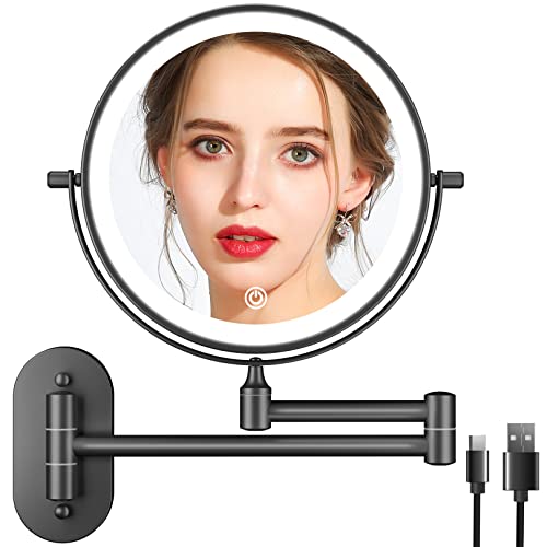 FUNTOUCH Espelho de maquilhagem recarregável com aumento 1X/10X, tátil espelho de dupla face com 3 luzes coloridas, 360 rotação extensível dupla face espelho parede casa de banho com para início,