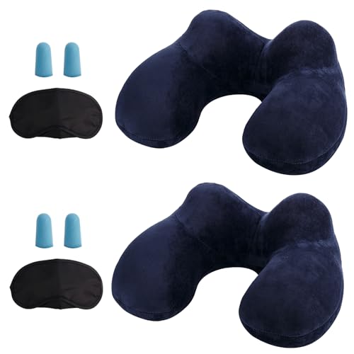 LUZWAY Almofada insuflável de viagem, almofada insuflável de pescoço de viagem, feita de veludo macio e capa lavável com tampões para os ouvidos, máscara para os olhos e bolsa de transporte (2 x azul)