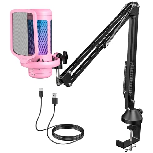 TONOR Gaming Mic, microfone USB para PC PS4/5 com braço suporte, micro condensador cardióide com ajustável RGB modos e brilho, silêncio rápido, controlo de ganho, para streaming, TC310+ rosa