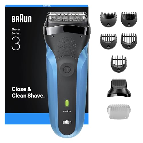Braun Máquina de barbear elétrica homem série 3, máquina de barbear a seco e molhado, 2 lâmpadas, cabeça de aparador de barba, 30 min de automonomia, carregamento rápido, 310BT, azul