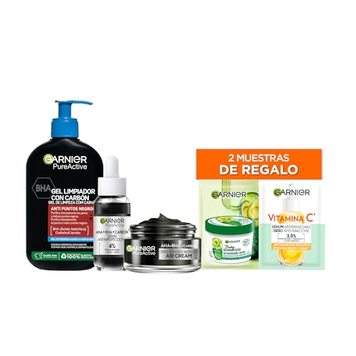 Garnier Pure Active Pack rotina anti-imperfeições, gel de limpeza anti-pontos pretos de 250 ml, soro anti-imperfeições com 4% de niacinamida, creme hidratante matador com AHA+BHA e carbono