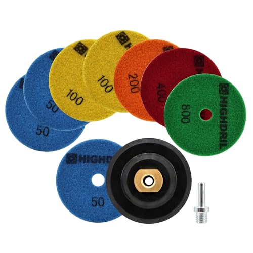HIGHDRIL Disco polido diamante Set - 8 peças 100 mm grão #50x3/100x2/200/400/800 almofada polir chão M14 suporte borracha adaptador para brilhar mármore granito concreto pedra