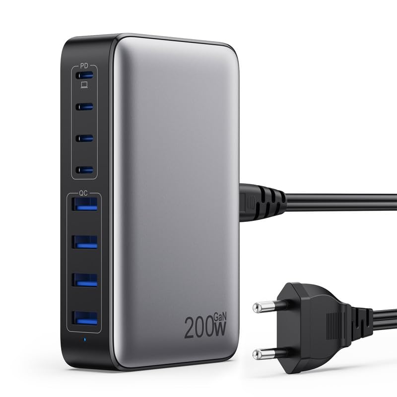 Carregador USB C múltiplo de 200 W, GAN III 8 portas USB C carregador portátil PD QC PPS carregamento rápido, 65 W adaptador portátil compatível com MacBook Air/Pro, iPhone, iPad Pro, Samsung Galaxy,