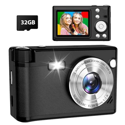 Câmara digital compacta, 48 MP 1080P HD Autofocus câmara de fotos com 32 GB cartão 1300 mAh baterias, 18 X zoom digital, câmara portátil para estudantes adolescentes iniciantes crianças, preto