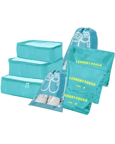 BillyBath Pasta organizador de viagem para roupas, 8 em 1, conjunto de organizadores, cubos de embalagem, organizador de malas, malas de viagem, para roupa, sapatos, roupa interior, cosméticos (azul
