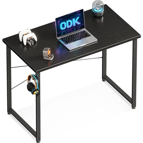 ODK Mesa pequena, mesa de escritório com gancho para auriculares, mesa para quartos pequenos, mesa de computador para escritório em casa (preto, 80 x 40 cm)