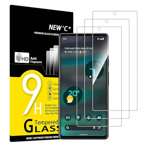 NEW'C 3 peças, protetor de ecrã para Google Pixel 6a (6,1 polegadas), vidro temperado anti-riscos, anti-impressões digitais, sem bolhas, dureza 9H, 0,33 mm ultra transparente, ultra resistente