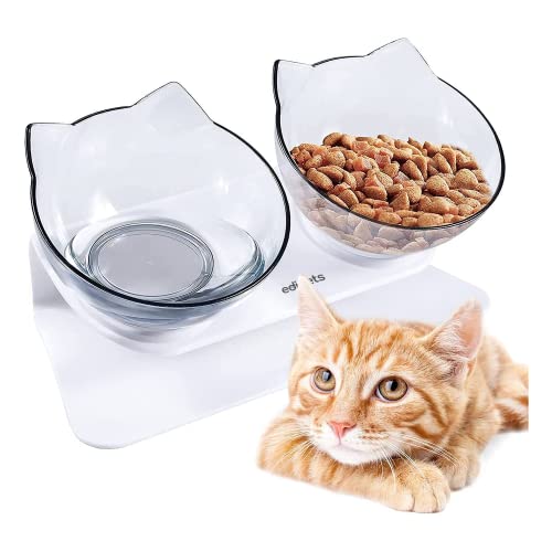 Edipets, Alimentador de gato, bebedor de gatos, transparente, tigela dupla ajustável, tigela com suporte elevado, água e alimentos, evita lesões cervicais (transparente)