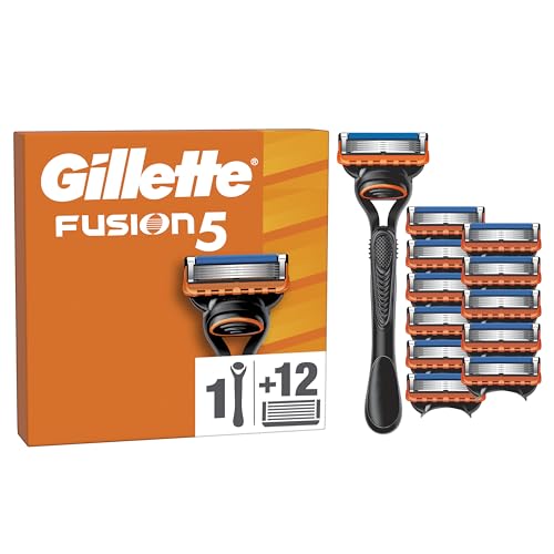 Gillette Fusion5 Máquina de barbear para homem com substituições, 1 manga, 12 lâminas com 5 folhas, faixa de gel lubrificante e aparador de precisão