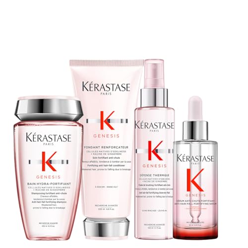 Kérastase Genesis, Rotina para o fortalecimento do cabelo, champô fortificante, condicionador, spray protetor e soro fortificante, para cabelos enfraquecidos
