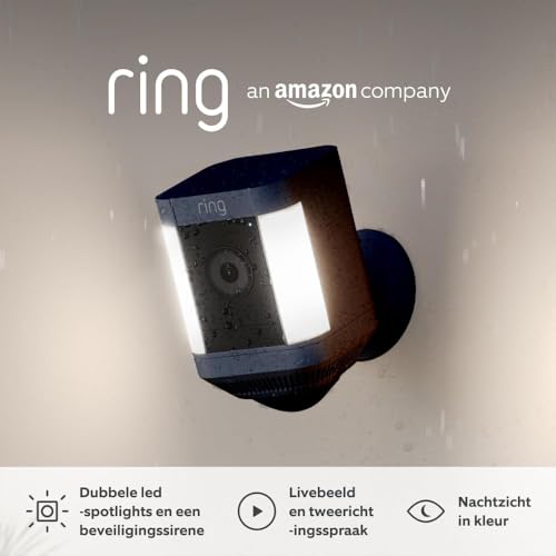 Ring cámara Plus con luces cableada (Spotlight Cam Plus) | Cámara de vigilancia exterior wifi con vídeo HD 1080p, comunicación bidireccional, visión nocturna y focos LED | 30 días gratis de Ring Home