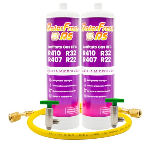 Gas Refrigerante Ralerfresh RS substituto de gás R410, R32, R407 e R22 recarga de gás refrigerante orgânico para ar condicionado Split ecológico eficiente recarga rápida (2 garrafas RS + mangueira)
