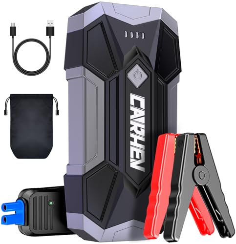CARHEV Arrancador de carro 4500A, iniciador de bateria de carro portátil (até 8,0 l de gás ou 8,0 l de gasóleo), 12 V Car Jump Starter com lanterna LED e pinças bateria carros